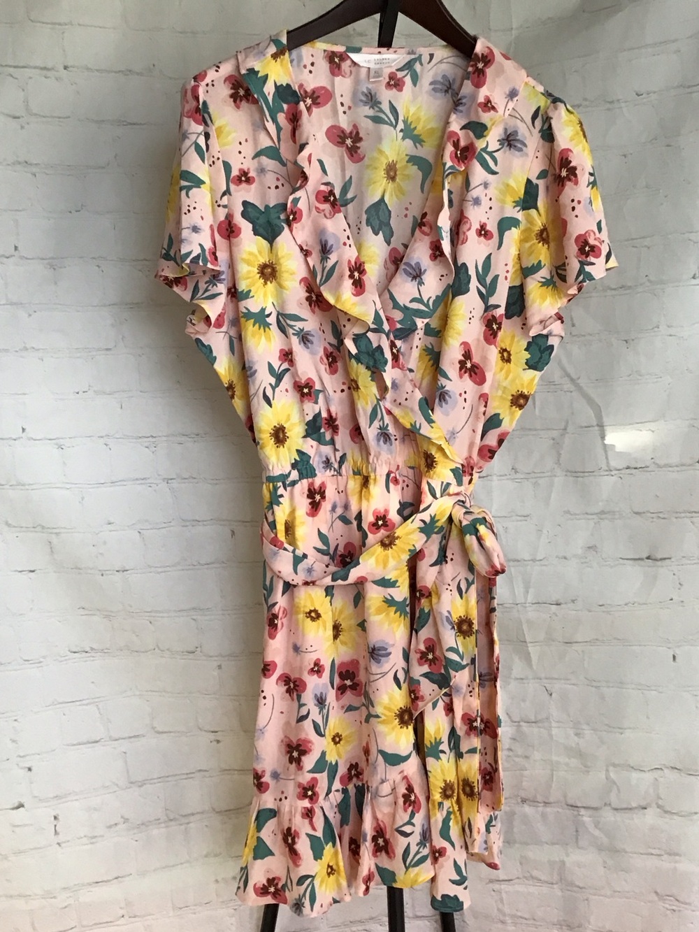 LC LAUREN CONRAD XL Floral Wrap Dress with Ruffle Trim - Pink Yellow Green